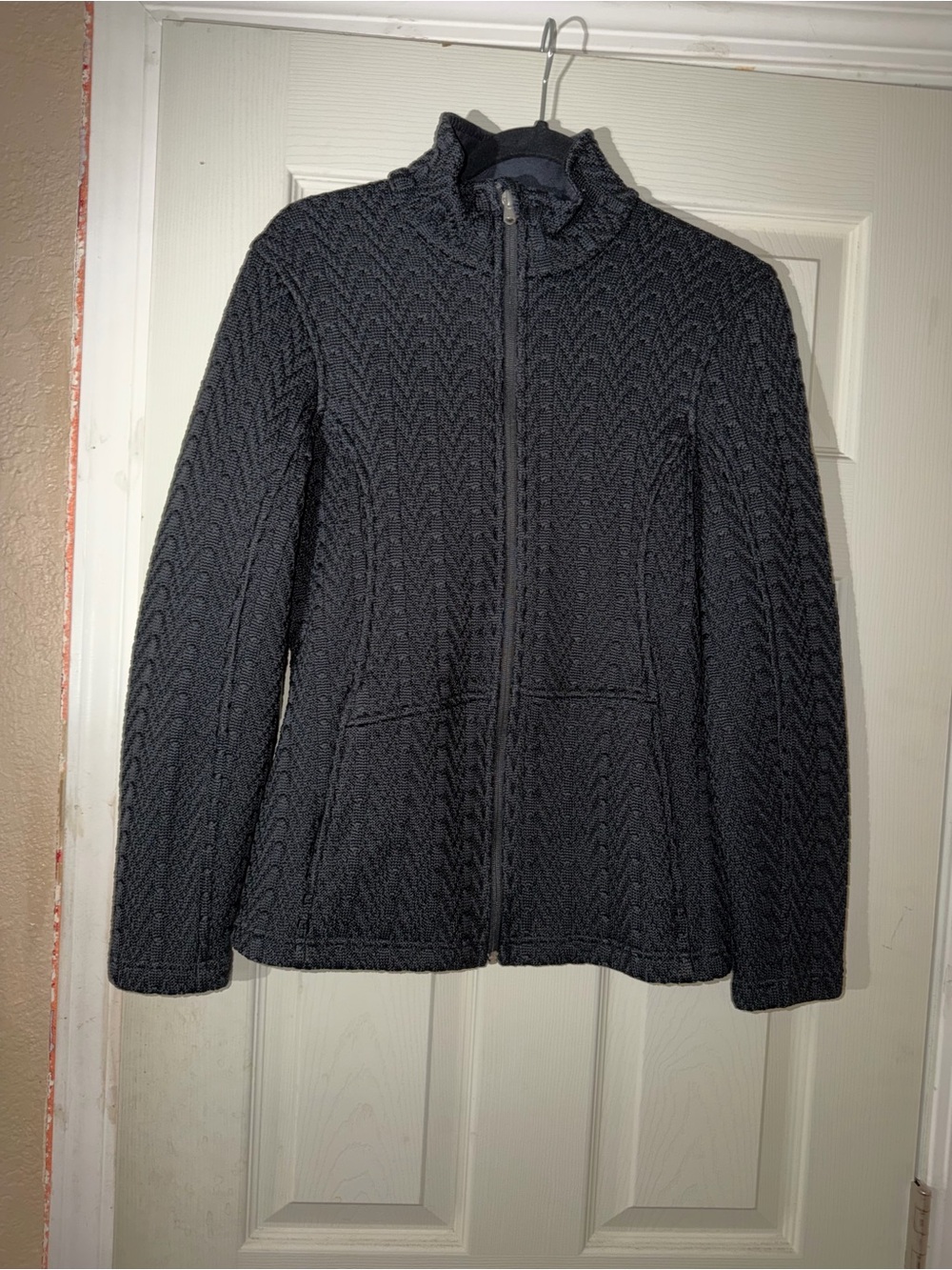 Women's Black Zip-Up Teddy Jacket with Knit Texture